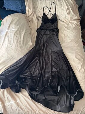 May Queen Black Satin V-Neck Strappy Prom Gown